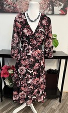 Ryan Michelle Floral Chiffon Midi Dress Size S Black Pink Faux Wrap V-Neck 3/4