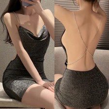 Womens Glitter V Neck Strap Chain Backless Bodycon Lingerie Dress Clubwear Party