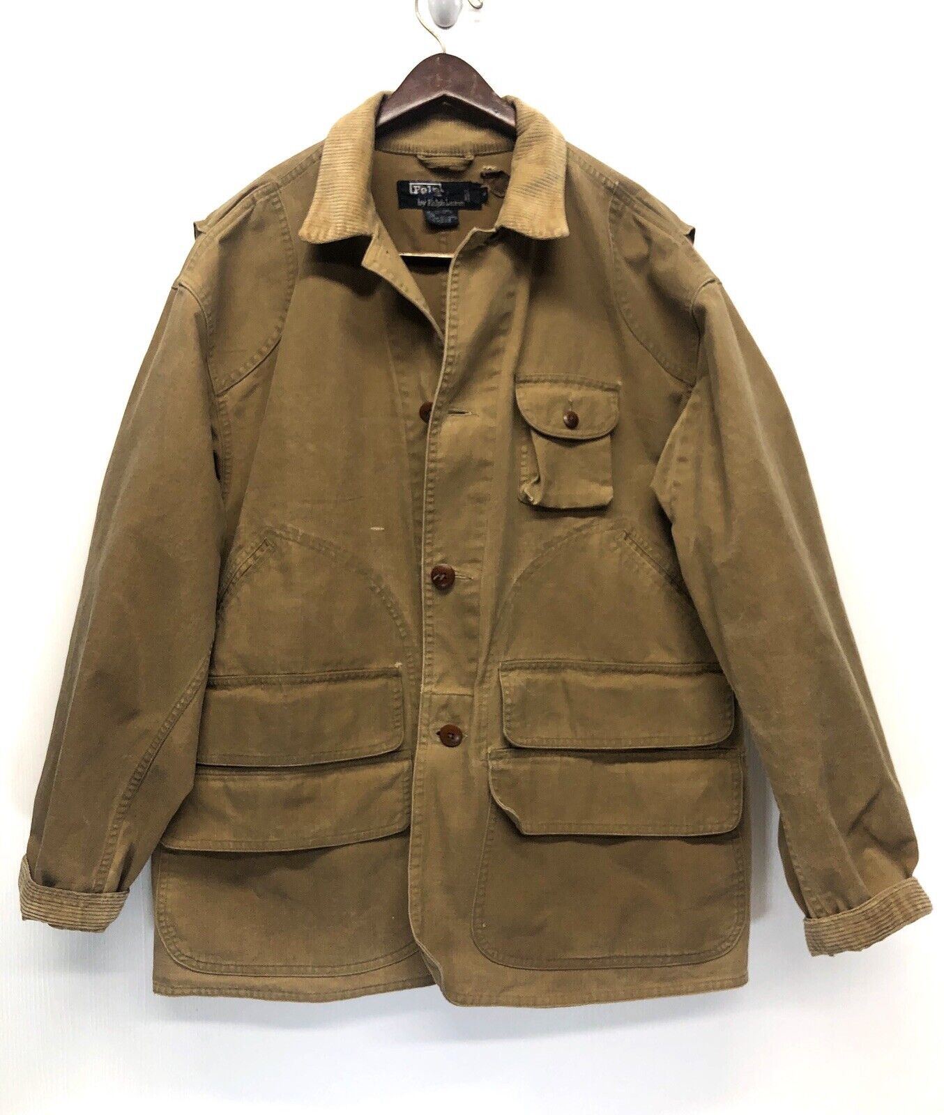 Vintage Polo Ralph Lauren Mens Medium Waxed Hunting Jacket Corduroy Trim Canvas