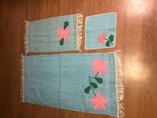 3 pc towel set hand embroidered pink flowers turquoise blue towels unused