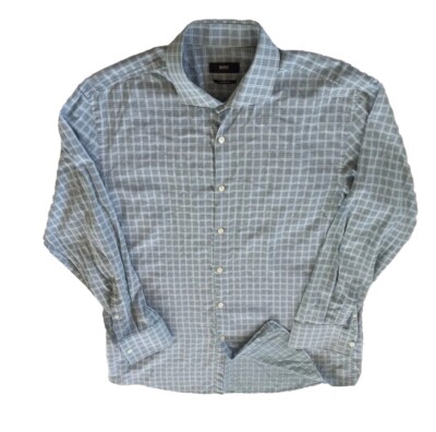 Boss Hugo Men 16.5 Long sleeve Buttons Down Sharp Fit Shirt Plaid Vintage Green