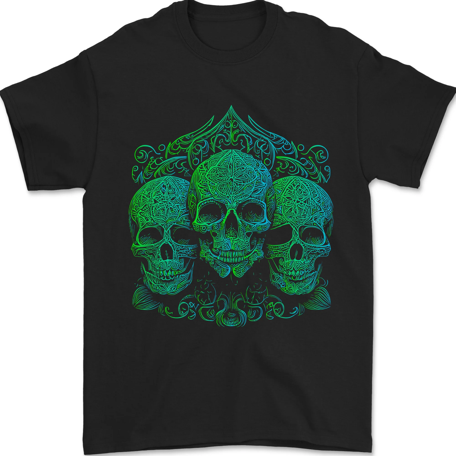 3 Ornate Green Skulls Gothic Goth Mens T-Shirt 100% Cotton