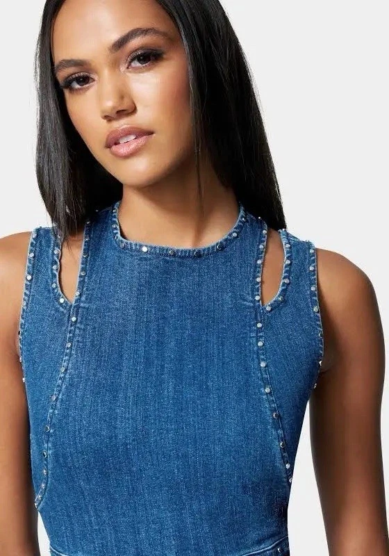 Vestido Western Mini Denim Bebe cravejado tamanho 10 festa country coquetel tamanho 10 novo com etiquetas - Imagem 4 de 4