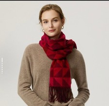 Women s Red Black Geometric Knit Rectangle Scarf Wrap with Fringe Accents