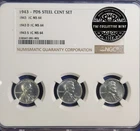 1943 P D S 1c Lincoln Steel Wheat Cent Set NGC MS 64 Three Coins In 1 Tri-Holder