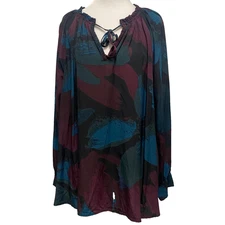 AVA & VIV Blouse Top 1X Multicolor Abstract Lagenlook Office Long Balloon Sleeve