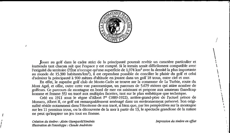 Monaco SC# 2643 FDC 2011 Monte Carlo Golf Club - A03374 - Image 2 of 2