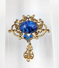 Vintage Blue Cabochon Brooch Gold Tone Dangle Ornate Victorian Revival