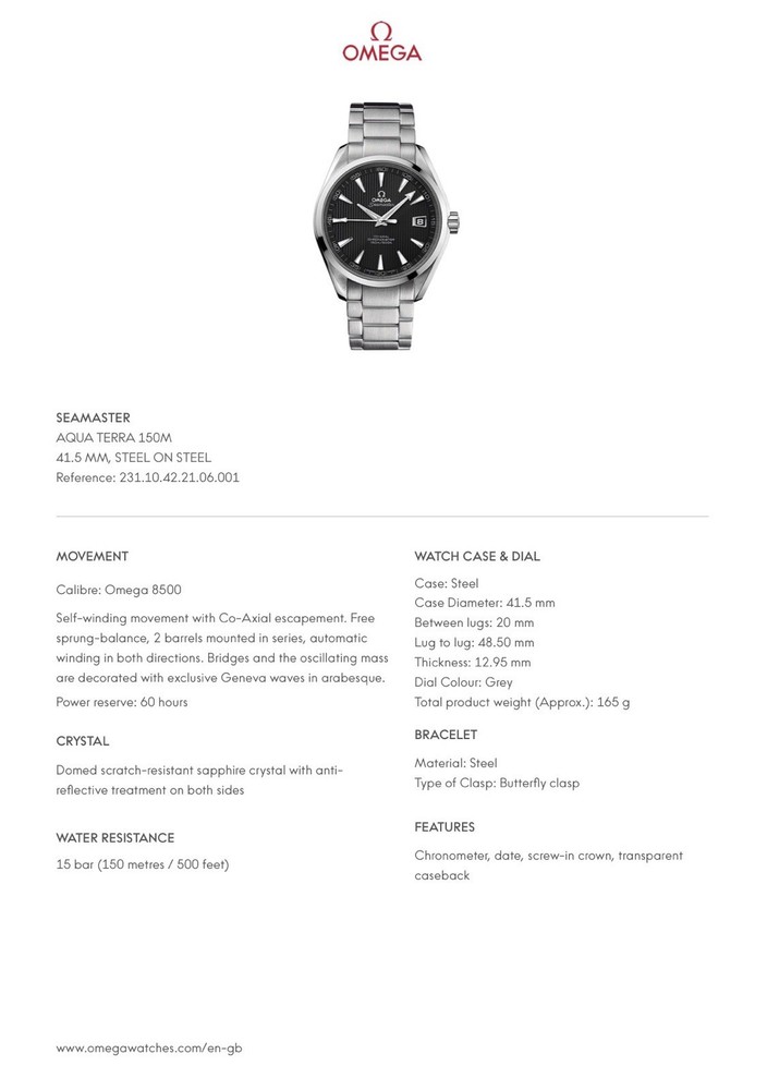 Omega Seamaster Aqua Terra 231.10.42.21.06.001 42 mm Grey Dial
