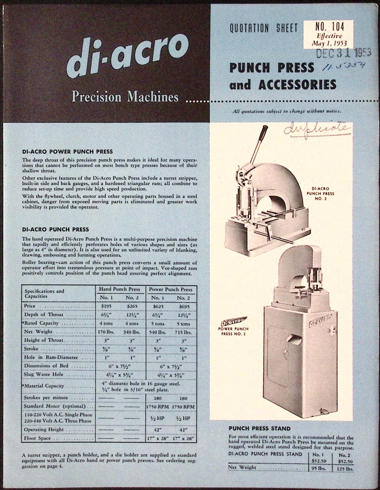 1953 Diarco Precision Machines for Die-less Duplicating Brochure