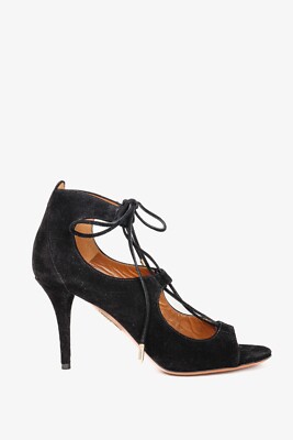Aquazzura Firenze Christy Mid-Heel Black Suede Lace-Up Pumps, Size 7.5