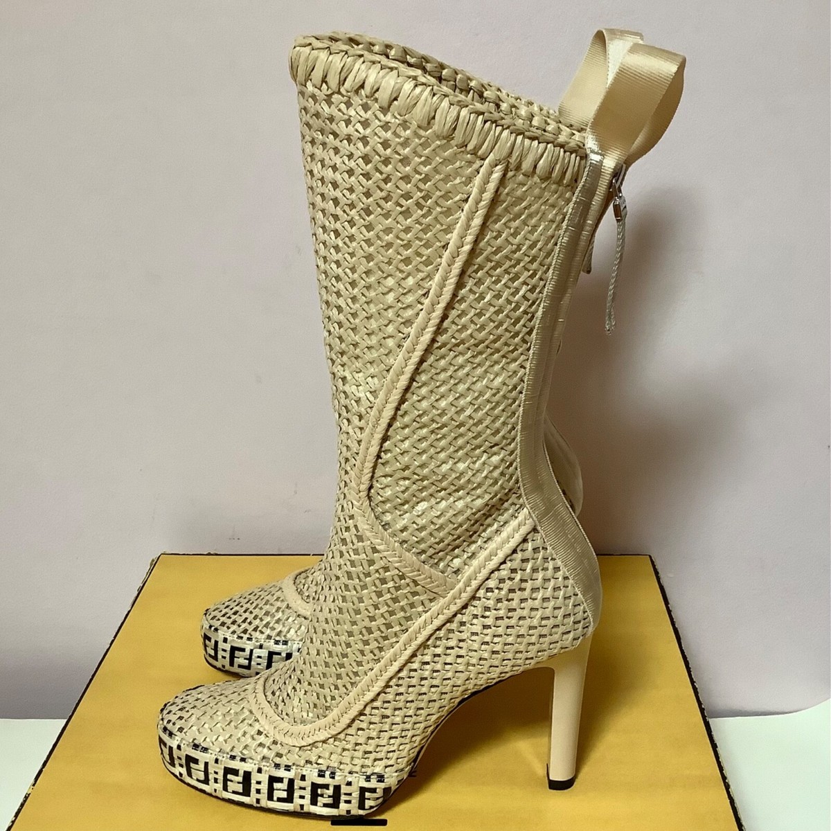 BNIB Fendi Soft Beige Woven Raffia Mid-Calf Monogram Boots