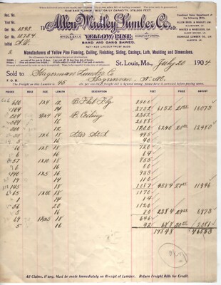 1904 BILLHEAD ST LOUIS MISSOURI.ALLEN-WADLEY LUMBER CO. YELLOW PINE