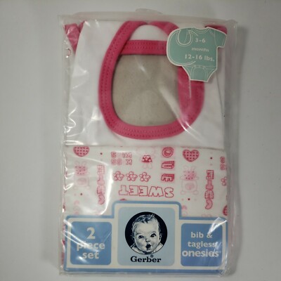 Gerber Baby Girl Bib & Onesie Cotton Sweet Cute Kiss 3-6 mos 12-16 lbs Pink 2pc