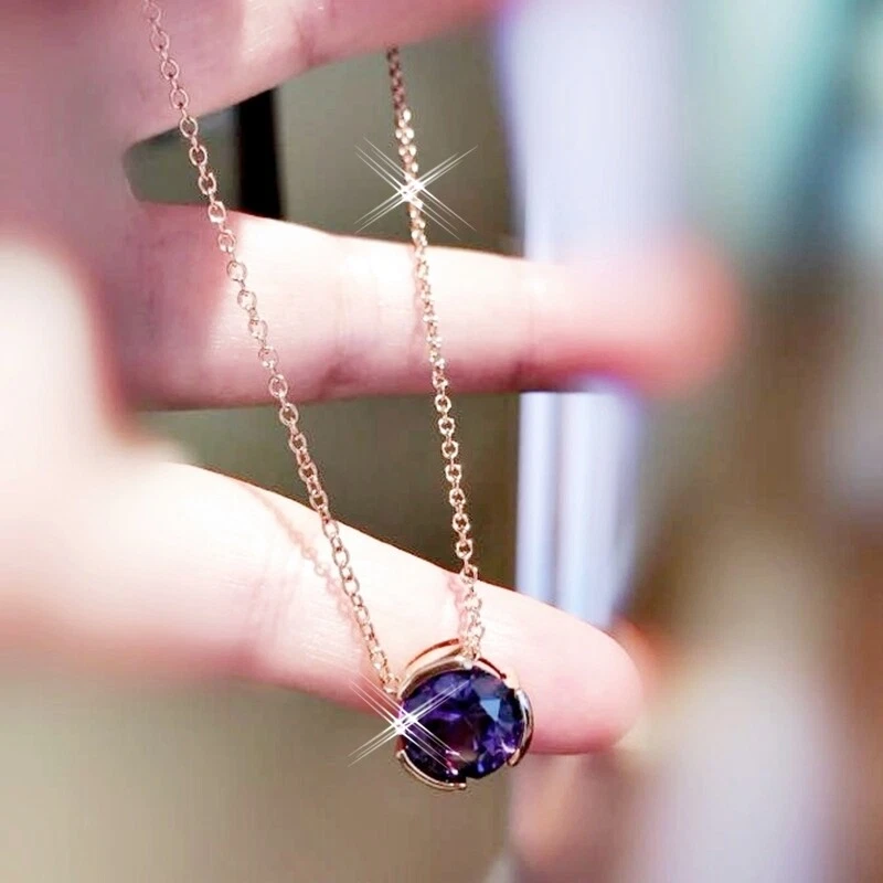 18K Rose Gold GF Made With Swarovski Crystal Round Cut Single Amethyst Necklace - Image 2 of 4