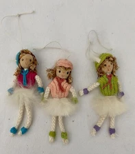 Vintage Handmade Christmas Tree Ornaments Girl String Hair Feather pastel Colors