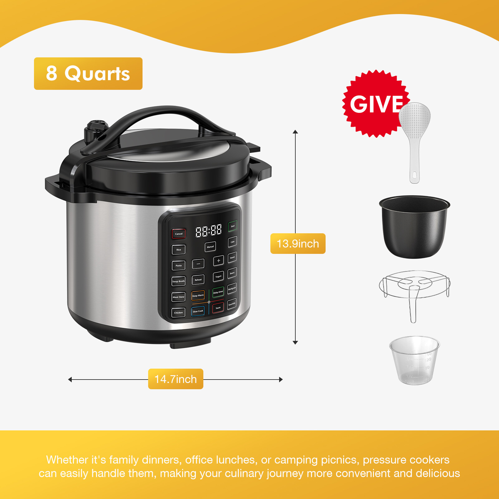 Multi-Function Electric Pressure Cooker 12in1 Stainless Steel Pot, 6QT/8QT Size