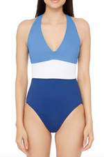 Lauren Ralph Lauren L49525 Women Color Block Twist Back Halter One Piece Size 14