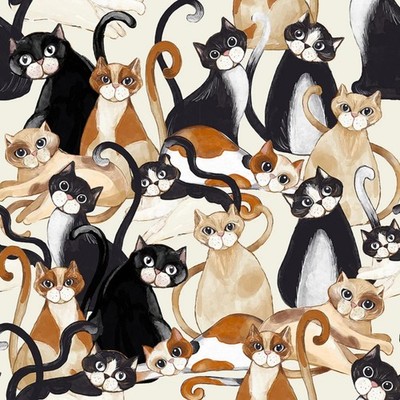 Feline Drive Fabric SECRET GARDEN Quirky Cats Cream - Fat Quarter (18''x22'') FQ