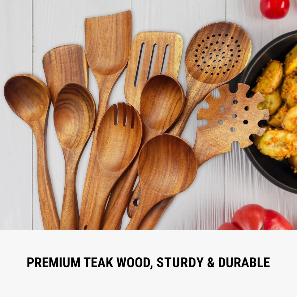 Wooden Spoon Set of 10 Pcs Wood Utensils for Non Stick Cook with hanger Cooking - Image 4 of 4