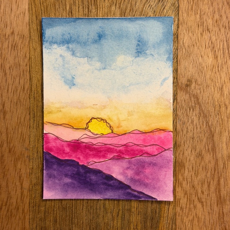 Original ACEO watercolor - Pink Sunrise mountain art by geekella