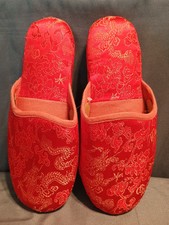 Gold Dragon Slippers Chinese Womens 5 To 6 Red Satin Woven Fabric Lightweight