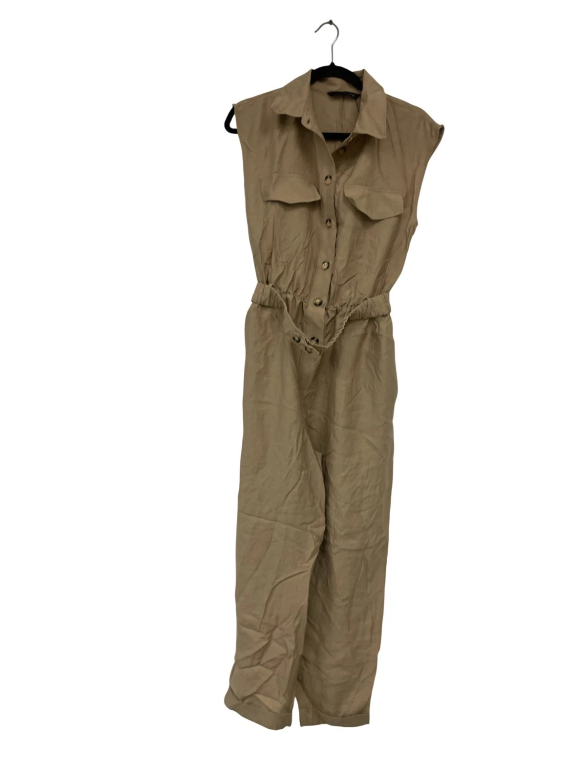 Zara Womens Jumpsuit Medium M Tan Brown Belted Collared Sleeveless 3897/091 NWT