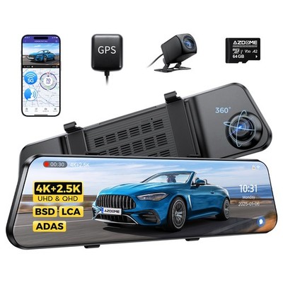AZDOME 12'' 2CH 4K+2.5K Rearview Mirror Dash Cam 5GWiFi GPS ADAS BSD LCA+64GB TF