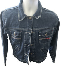 Fubu The Collection Blue Denim Jean Jacket w Red, Gray, White Accents Youth XL