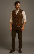 Mens Brown Leather Steampunk Vest Buckle Waistcoat Gothic Pirate Costume