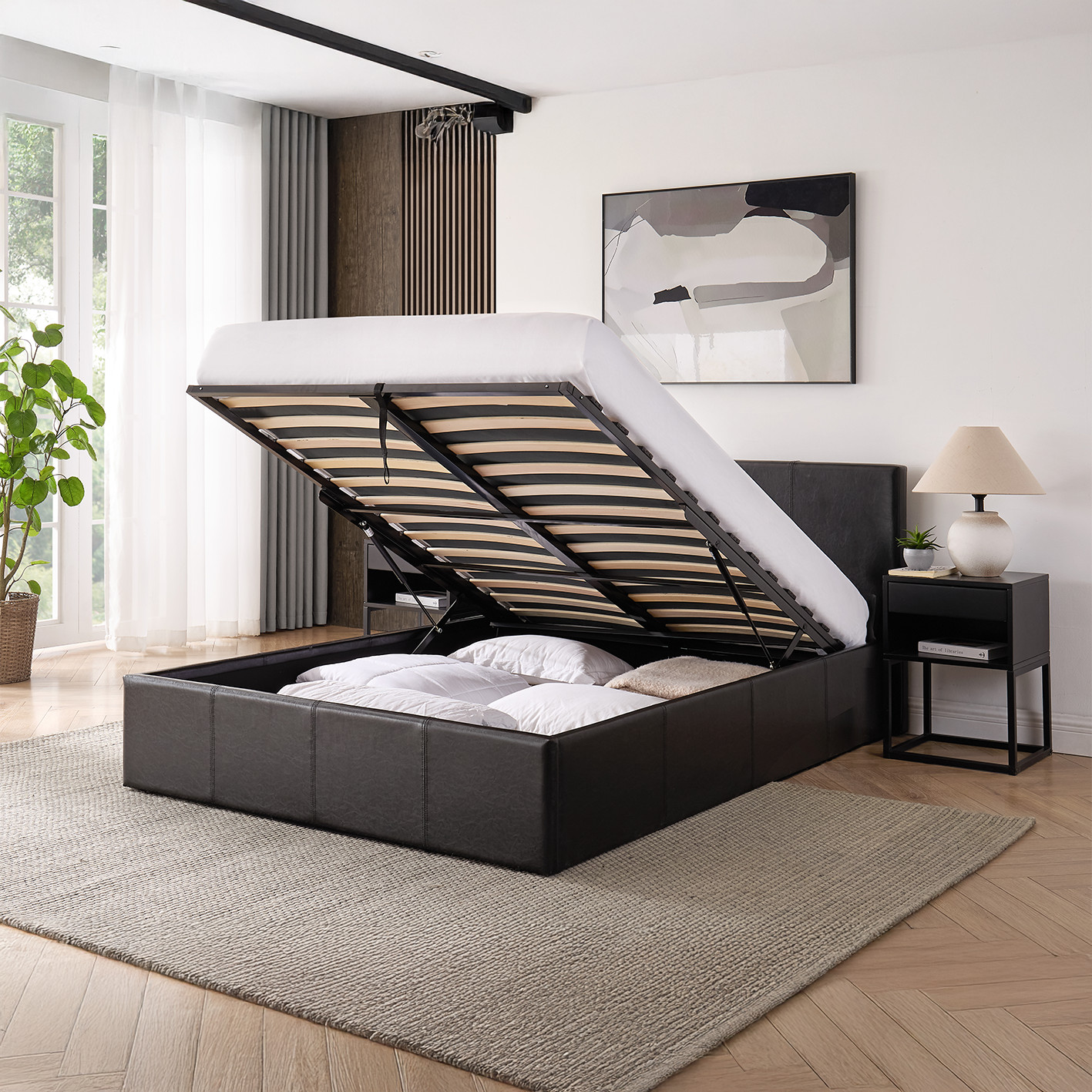 LUNA Kingsize 5FT Ottoman Bed Black Faux Leather Gas Lift Storage Frame