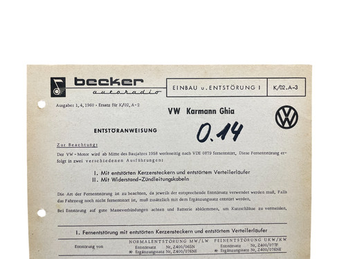 Entstör-Anleitung VW Karmann Ghia / Becker  Autoradio