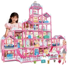Large Doll Dreamhouse 6-Story 23-Room Dollhouse with LED Lights Doll Pet Playset