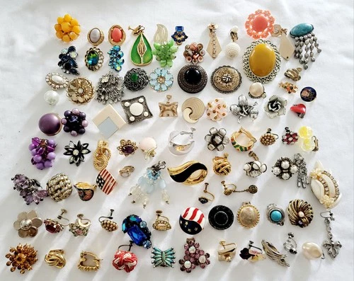 Lot of 87 Vintage Single Clip Screw Earrings Costume Jewelry Crafting Decorate