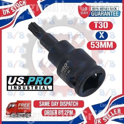 USPRO 1/2'' INCH DRIVE T30 IMPACT TORX TX STAR BIT SOCKET 53MM MALE SQUARE CRV S2