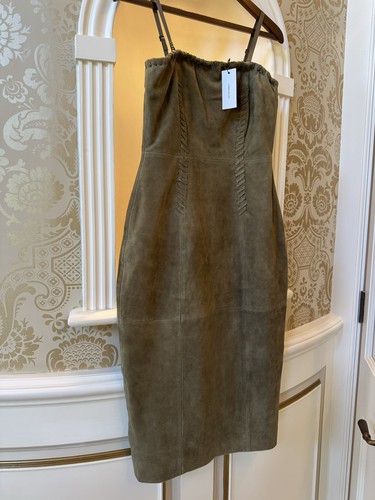 BNWT Karen Millen Real Suede Leather Dress Olive Green 6 XS Whipstitch Bandeau - Picture 6 of 12