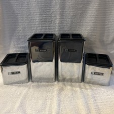 Vintage Chrome Kitchen Canister Set Flour, Sugar, Coffee, Tea. used Retro