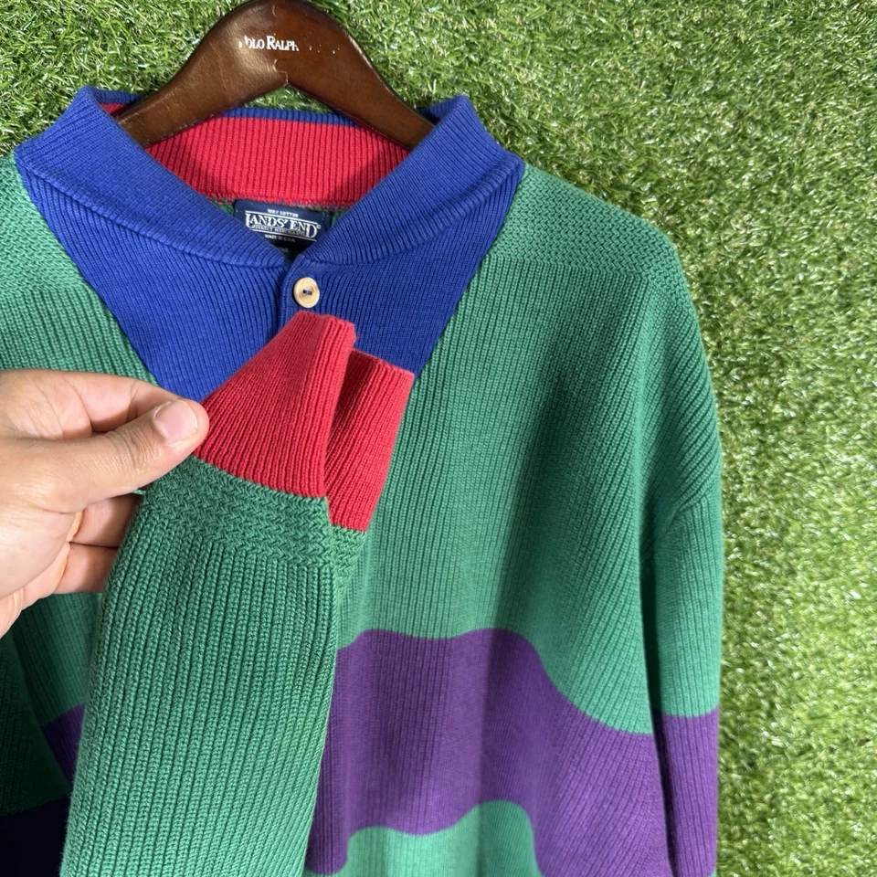 Sudadera De Colección Lands End Para Hombres XL Tejida Henley EE. UU. Bloque de Color Foto 3 de 4