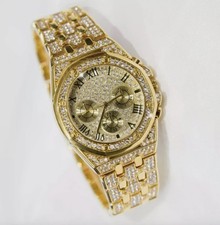 Luxury Gold Plated Triple Dial Quartz Watch with Rhinestones for Men