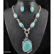Imitation Turquoise Necklace Earrings Set Silver Tone