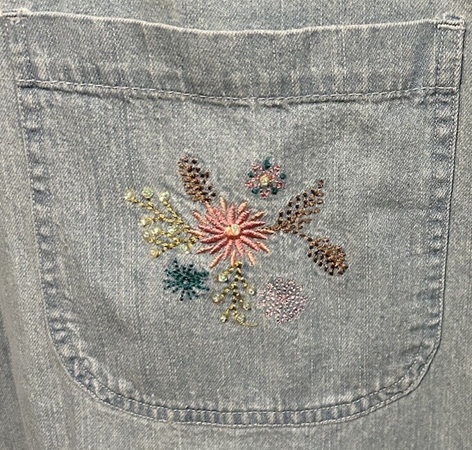 Christopher Banks Denim Dress XL Vintage Wash Floral Embroidered Buttons In Back