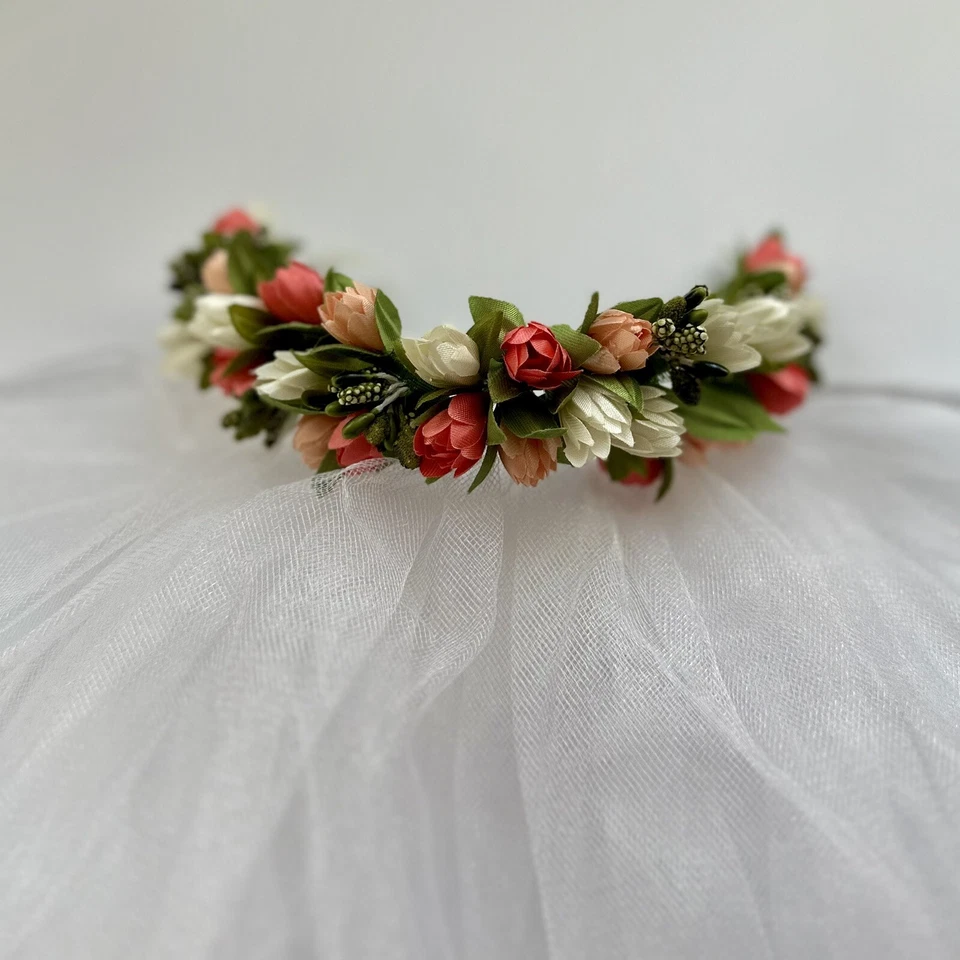 Envoltura de moño de flor de coral flor de melocotón niña envoltura de cabello media corona de ballet Foto 3 de 4