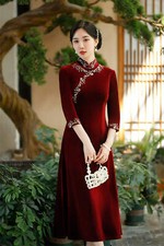 Chinese Long Sleeves A-Line Loose Velvet Cheongsam Qipao Dress