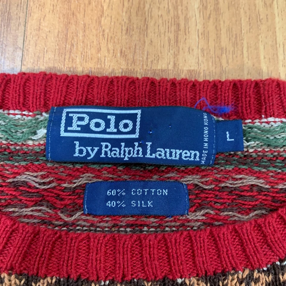 Vtg Polo Ralph Lauren Sweater Mens Large Multicolor Cotton Wool Hand Knit Crew - Image 4 of 4