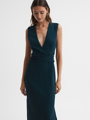 REISS JAYLA FITTED WRAP DESIGN MIDI DRESS IN TEAL | eBay