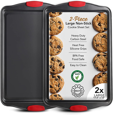 Baking Sheet Set, 2-Piece Large Cookie Sheet Set with Silicone Handles, Steel Ba