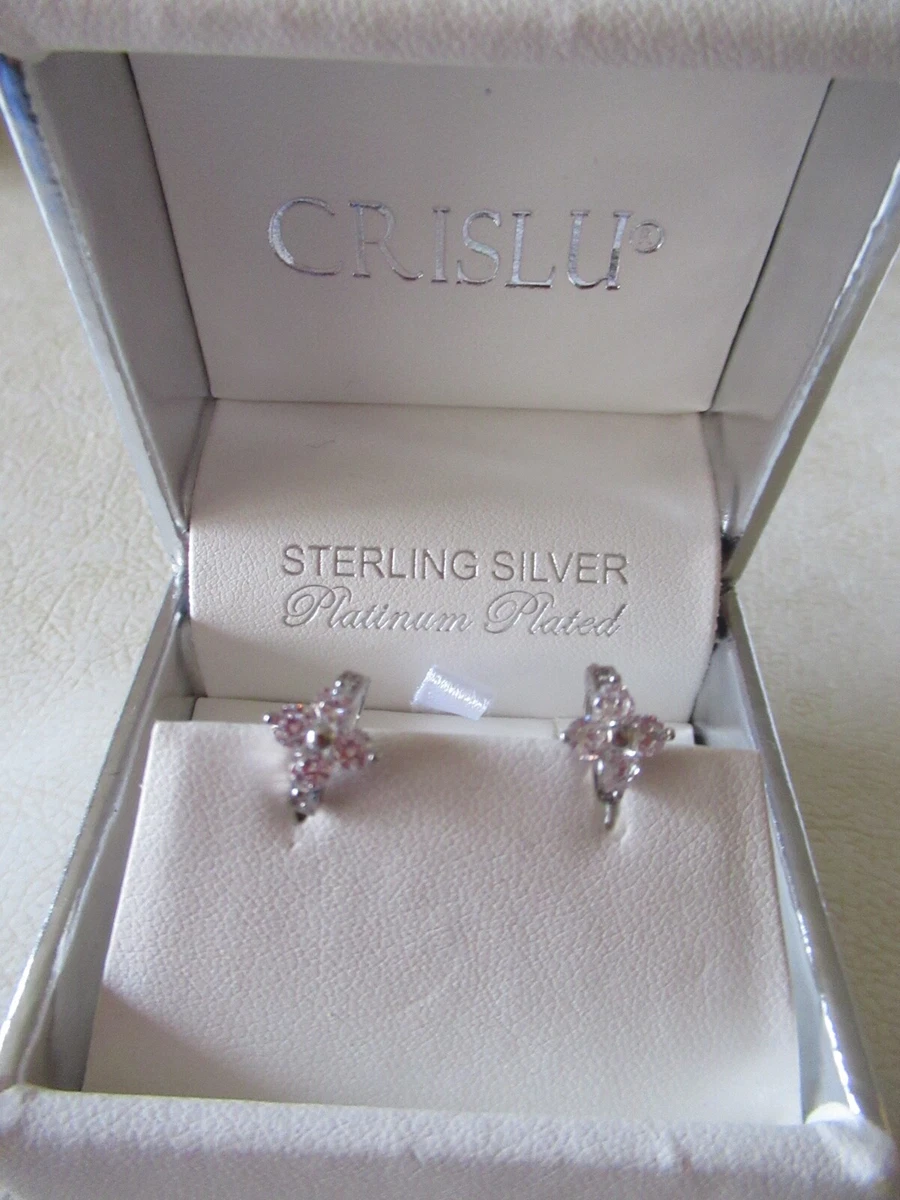 Crislu NIB Sterling Silver Platinum Plated Tiny Huggie Earrings Cubic Zirconias