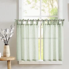 Sage & Beige Striped Tie Top Linen Tier Curtains - 24" Short Cafe Panels