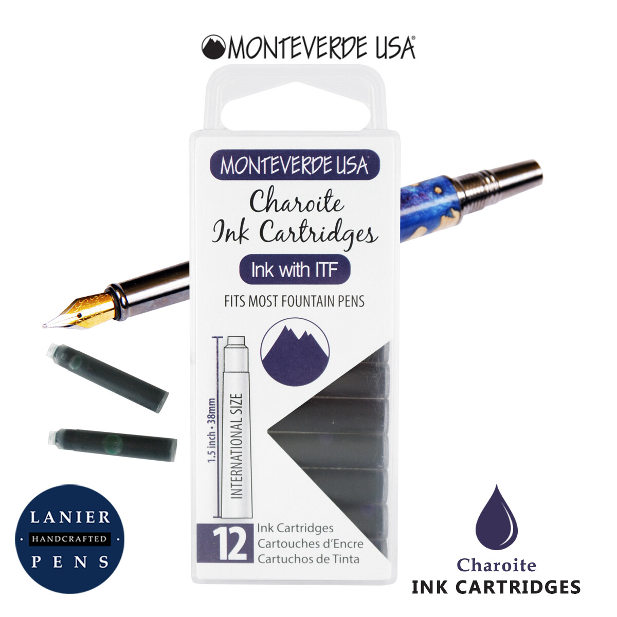 Monteverde G305CH Ink Cartridges Clear Case Gemstone Charoite- Pack of 12 (Monteverde G305CH Fountain Pen Ink Cartridges Clear Case Gemstone Charoite - Pack of 12)