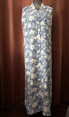 La Cera Midi Dress Sz L Sleeveless Blue White Rose Print NWOT Button 100% Silk